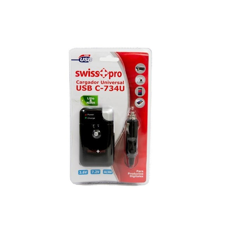 Swiss-Pro C-734U negro - Cargador universal con USB y Coche