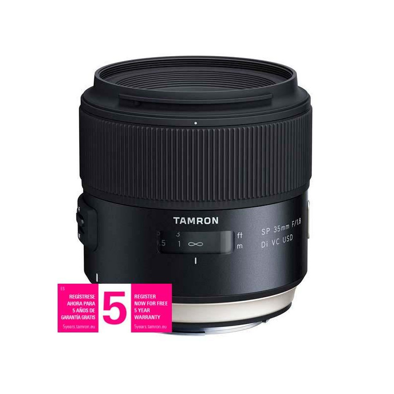 Tamron 35mm F1.8 SP DI VC USD Para Nikon F  En diagonal con detalle de los controles AF/MF y VC